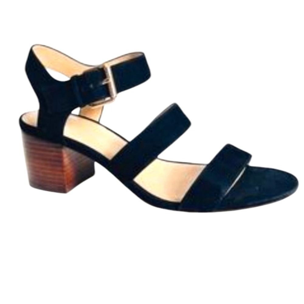 J Crew Three Strap Suede Sandal Block Heel Black Ankle Strap Gold Buckle Prep 9